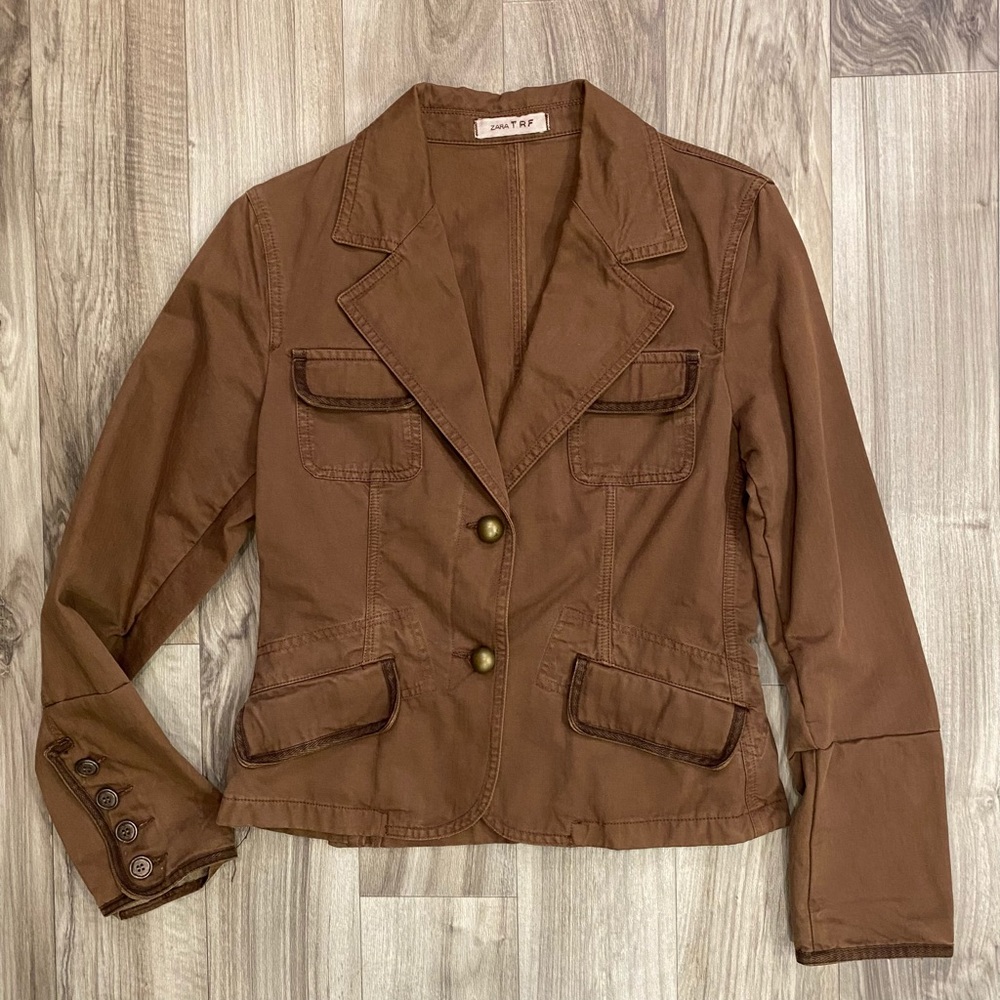 ZARA TRF S Super Cute Brown Cotton 2-Button Short Cotton Blazer‎